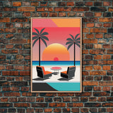 Framed Canvas Print - Art Deco Sunset, Minimalist Beach, Palm Trees, Retro Style, Synthwave, Vaporwave, Minimalist Abstract Decor