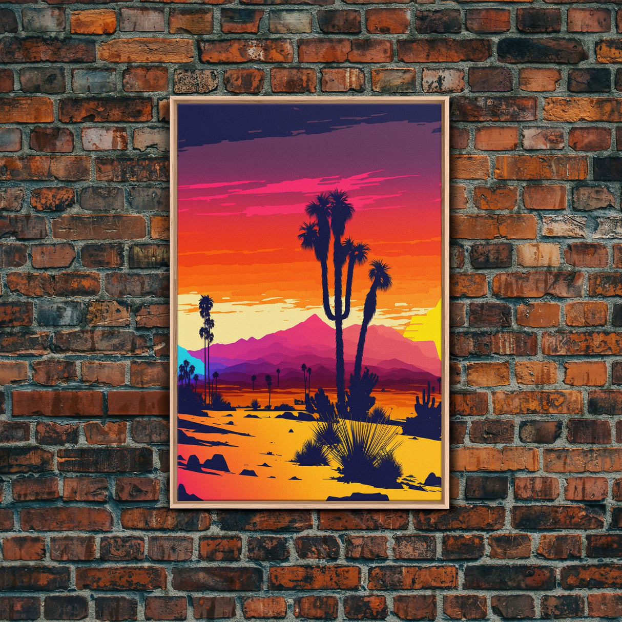 Retro Desert Art, Pop Art Style, Framed Canvas Print, Retrowave, Western Decor, Wild West Art, Cactus Prints