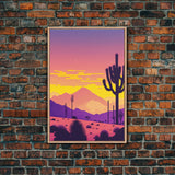 Synthwave Art Deco Style Minimalist Desert Landscape Print, Framed Canvas Art, Synthwave Style, Southwestern Decor, Western Art, Living Room