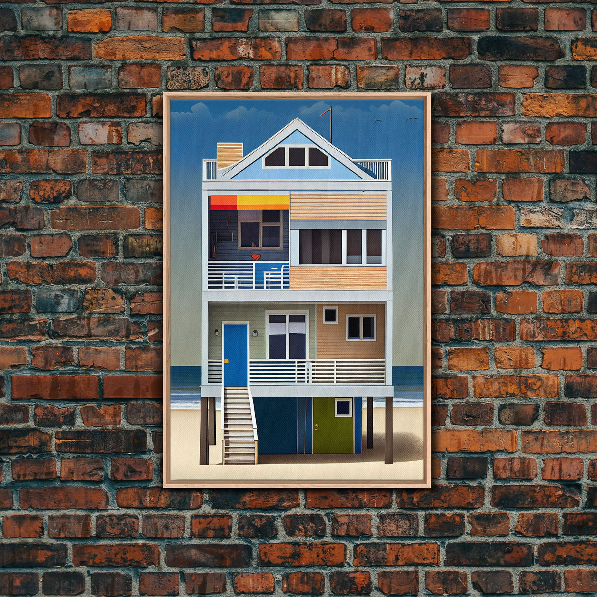 Whimsical Beach House Art, Framed Canvas Print, Cute Retro Beach House Painting, Wall Art