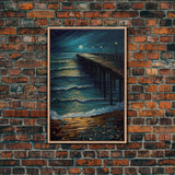 Van Gogh Starry Night Inspired, The Beach Boardwalk at Midnight, Framed Canvas Print, Unique Wall Art, Canvas Art, Living Room Decor