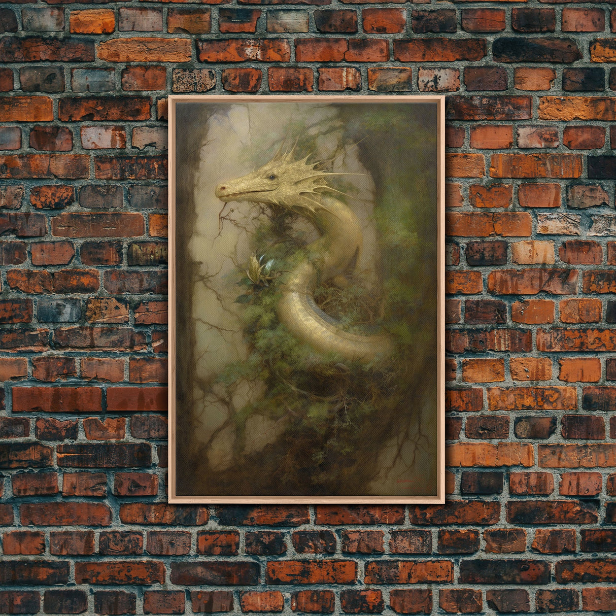 Majestic Green Dragon Wall Art, Framed Canvas Print, Dragon Fantasy Painting, Garden Dragon Abstract Fantasy Art