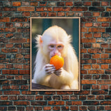 White Monkey Wall Decor, Albino Monkey Wall Art, Monkey Eating Orange, Animal Wall Art, Wall Decor, Canvas Print, Wall Art, Framed Canvas