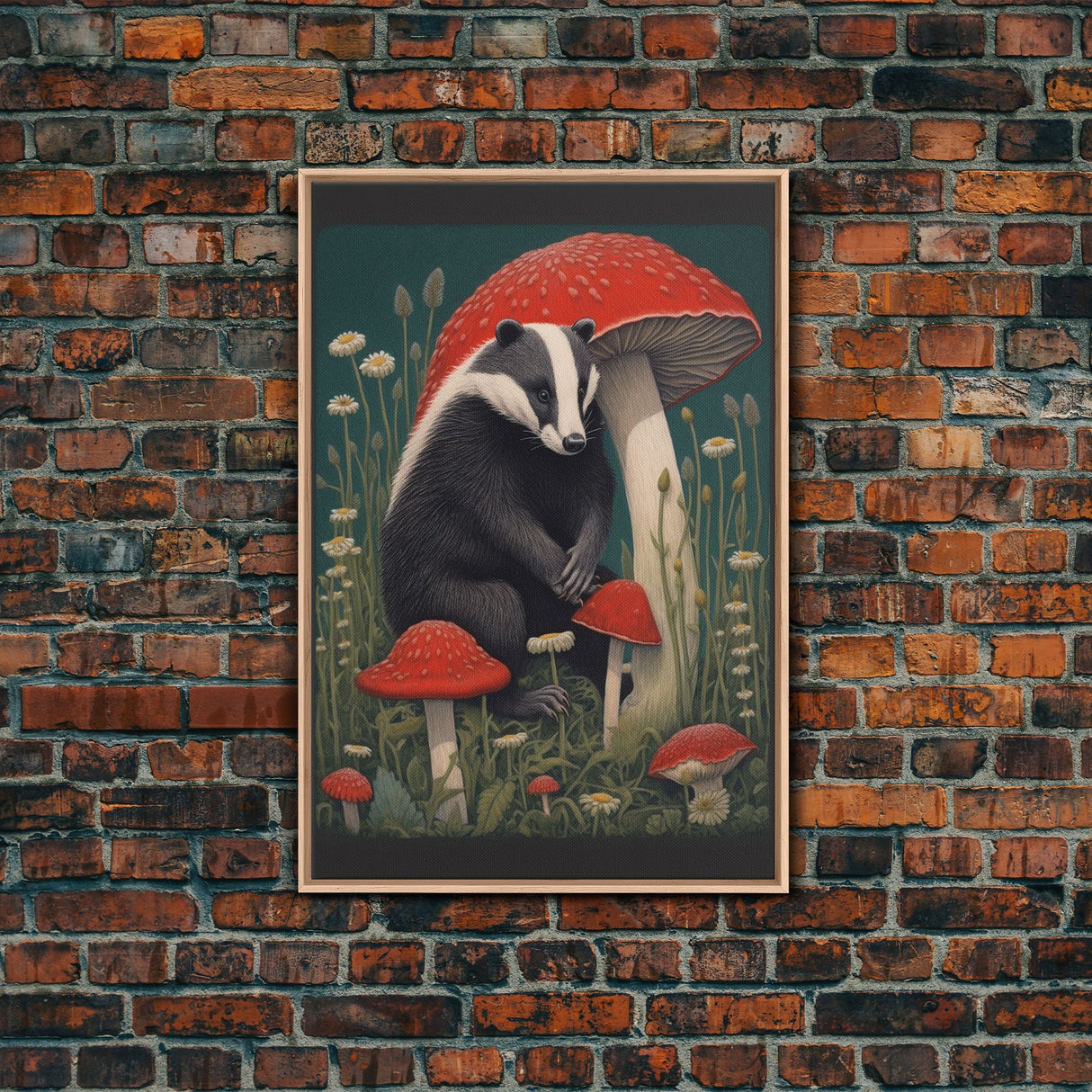 Badger Wall Decor, Cute Badger, Mushrooms Wall Decor, Animal Wall Art, Wall Decor, Canvas Print, Wall Art, Framed Canvas