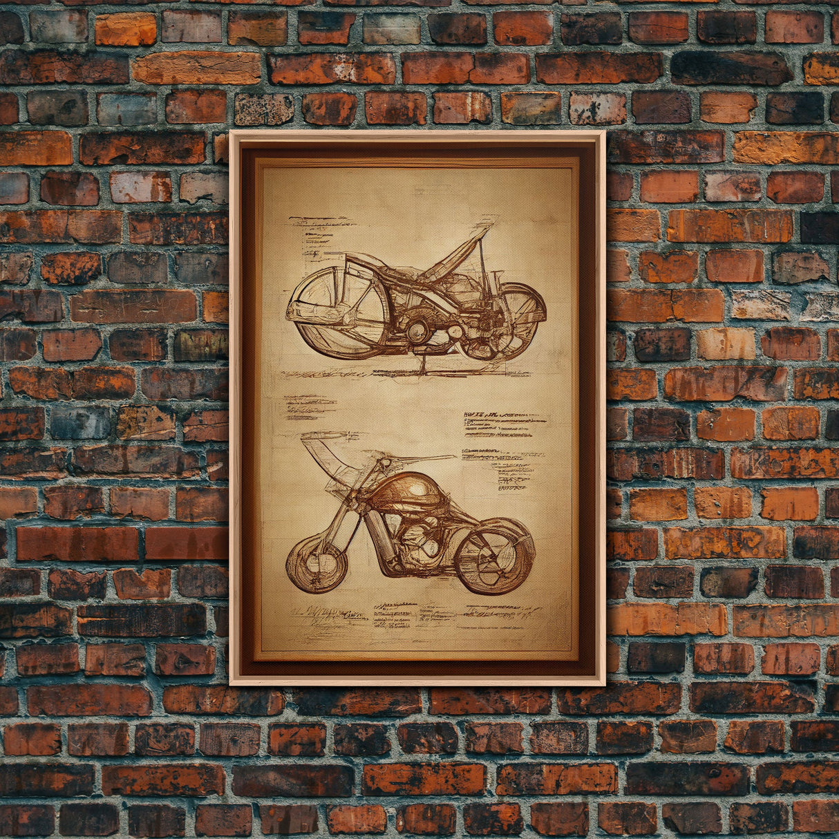 Steampunk motorcycle diagram wall art, canvas print, mancave decor, Da Vinci style diagram motorcycle art, abstract man cave art