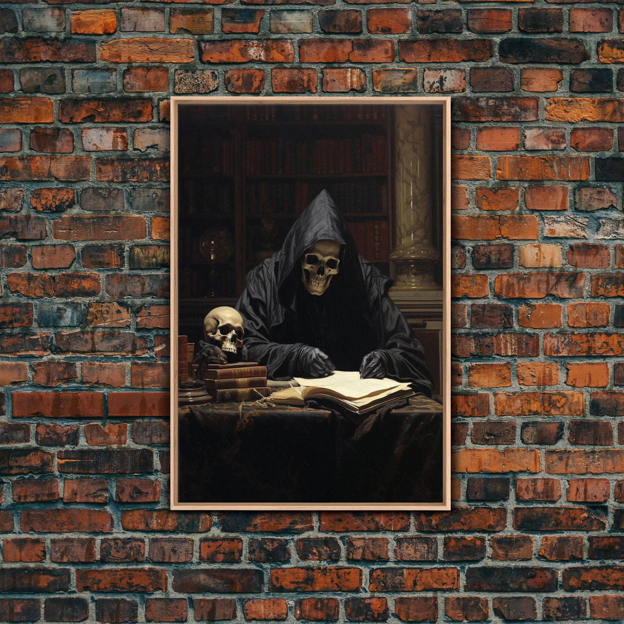 The Grim Reaper In His Study, Gothic Halloween Decor, Framed Canvas Print, Scary Horror Art, Goth Decor, Moody Oil Painting, Dark Academia