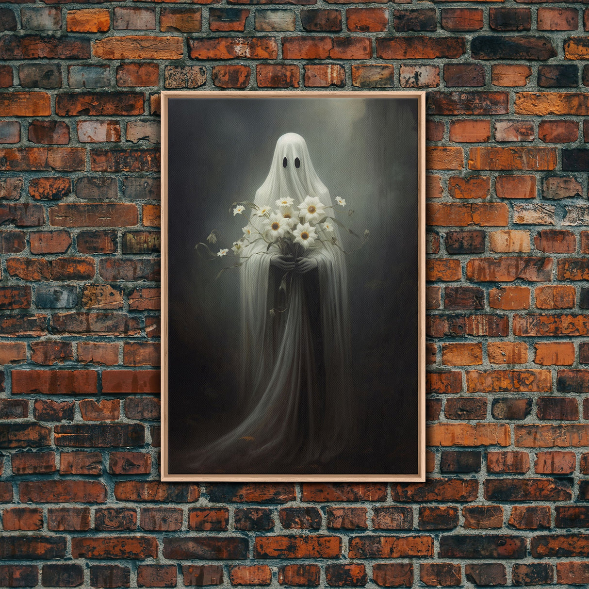 The Ghost With The Flowers, Gothic Halloween Decor, Framed Canvas Print, Scary Horror Art, Goth Decor, Moody Oil Painting, Dark Academia