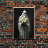 The Ghost With The Flowers, Halloween Canvas Print, Framed Canvas, Unique Wall Art, Goth Art, Dark Academia, Witch Art, Witchcraft