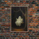 The Happy Playground Ghost, Funny Halloween, Vintage Halloween Canvas, Framed Canvas Print, Cute Wall Art, Ghost On A Swing, Macabre Art