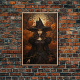 Beautiful Gothic Witch Art, Framed Halloween Canvas, Canvas Print, Spooky Halloween Wall Art, Halloween Deco, Witchy Art Pumpkin Patch Witch