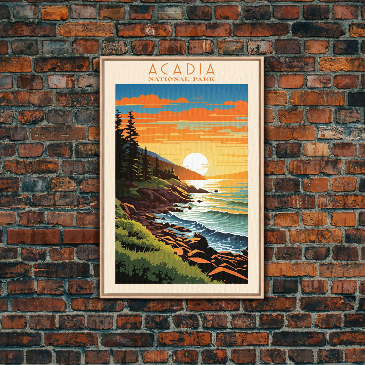 Acadia National Park, Framed Wall Art Canvas Print, Travel Poster, Travel Art, Roadtrip Decor, Cool Wall Art, Retro State Park Art, Pop Art