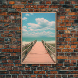 Beach Boardwalk, Vaporwave Summer Vibes, Framed Canvas Print, Retro Midcentury Modern Art, Liminal Art, Minimalist MCM Lakehouse Art