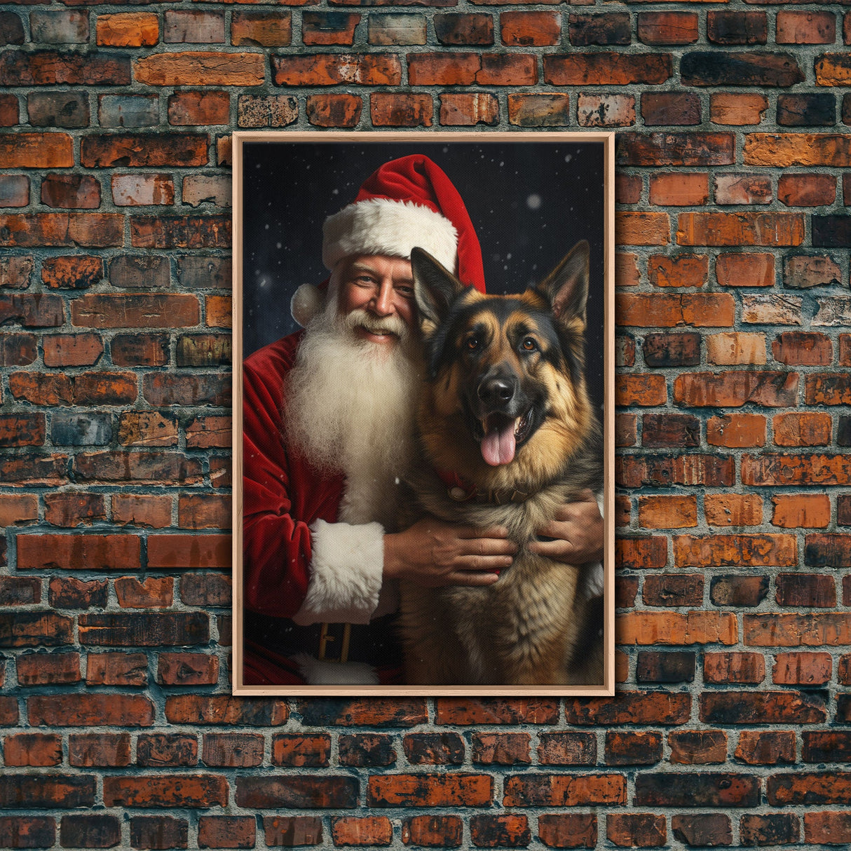 Santa Holding A Golden Retriever, Framed Canvas Print, Christmas Wall Art, Xmas Art, Christmas Art Print, Santa Decor, Farmhouse Christmas