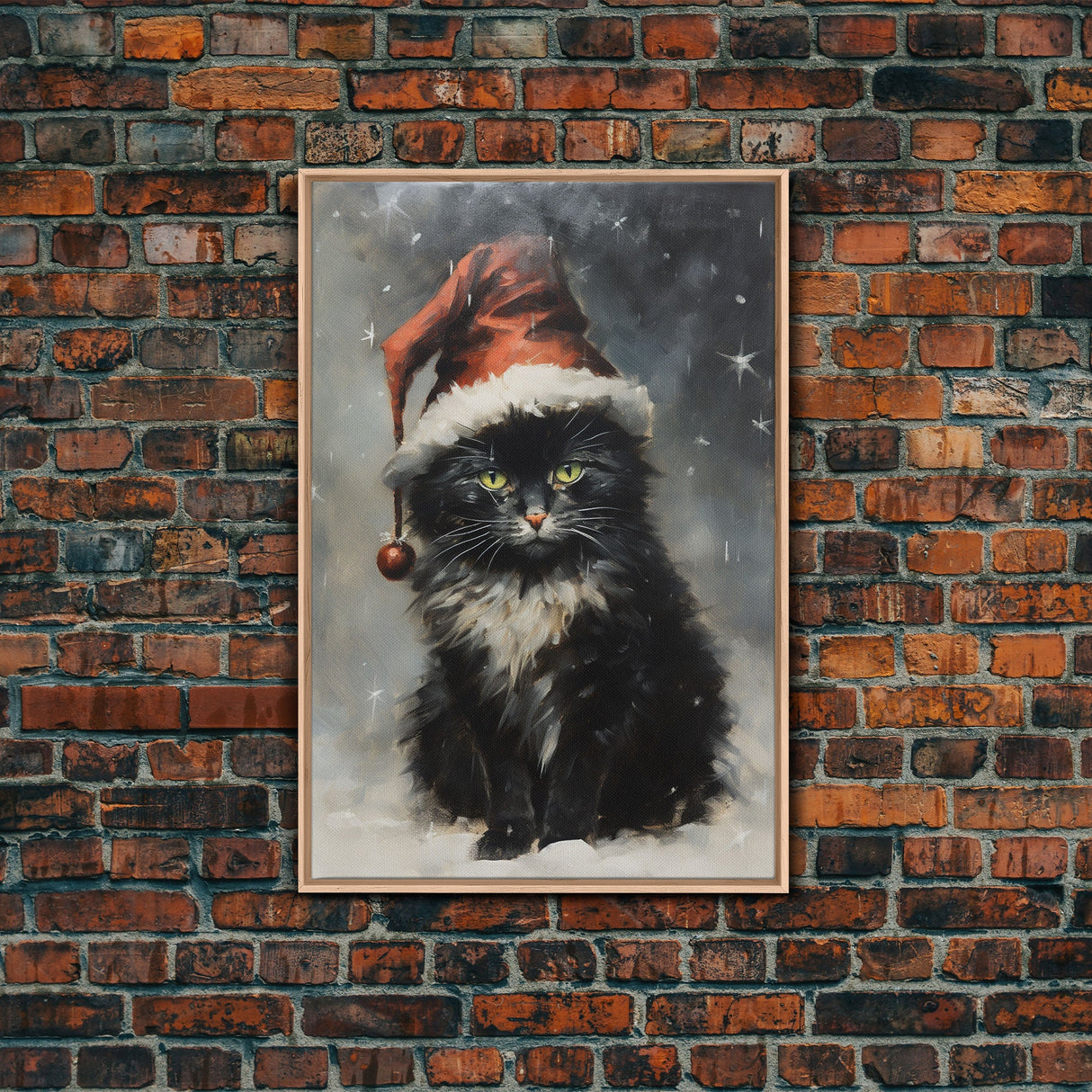 Black Christmas Cat Wearing A Santa Hat, Framed Canvas Print, Christmas Decor, Xmas Wall Art, Holiday Decor, Seasonal Wall Decor