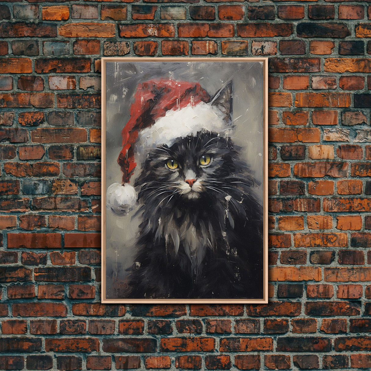 Christmas Cat In His Christmas Hat, Framed Canvas Print, Holiday Decor, Framed Canvas Print, Seasonal Wall Art