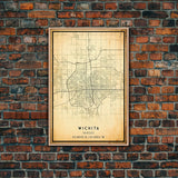 Vintage Wichita Kansas map print poster or framed canvas, Wichita map print poster canvas, Wichita city map print poster canvas, Travel Art