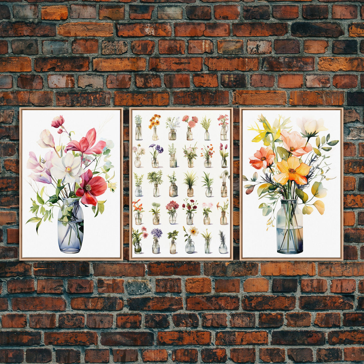 3 Piece Set, Cute Kawaii Floral Print, Flowers In Vases, Framed Wall Art, Canvas Print, Botanical Wall Decor, Dried Flower Large Triptych