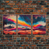 Psychedelic sunset, beautiful colorful wall art, 3 piece canvas print, three piece wall art, living room above the couch art, sun rise art