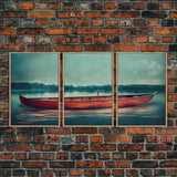 Skiff on the lake, Abandoned canoe, lake house art, 3 piece canvas, 3 piece wall art, cool unique living room art