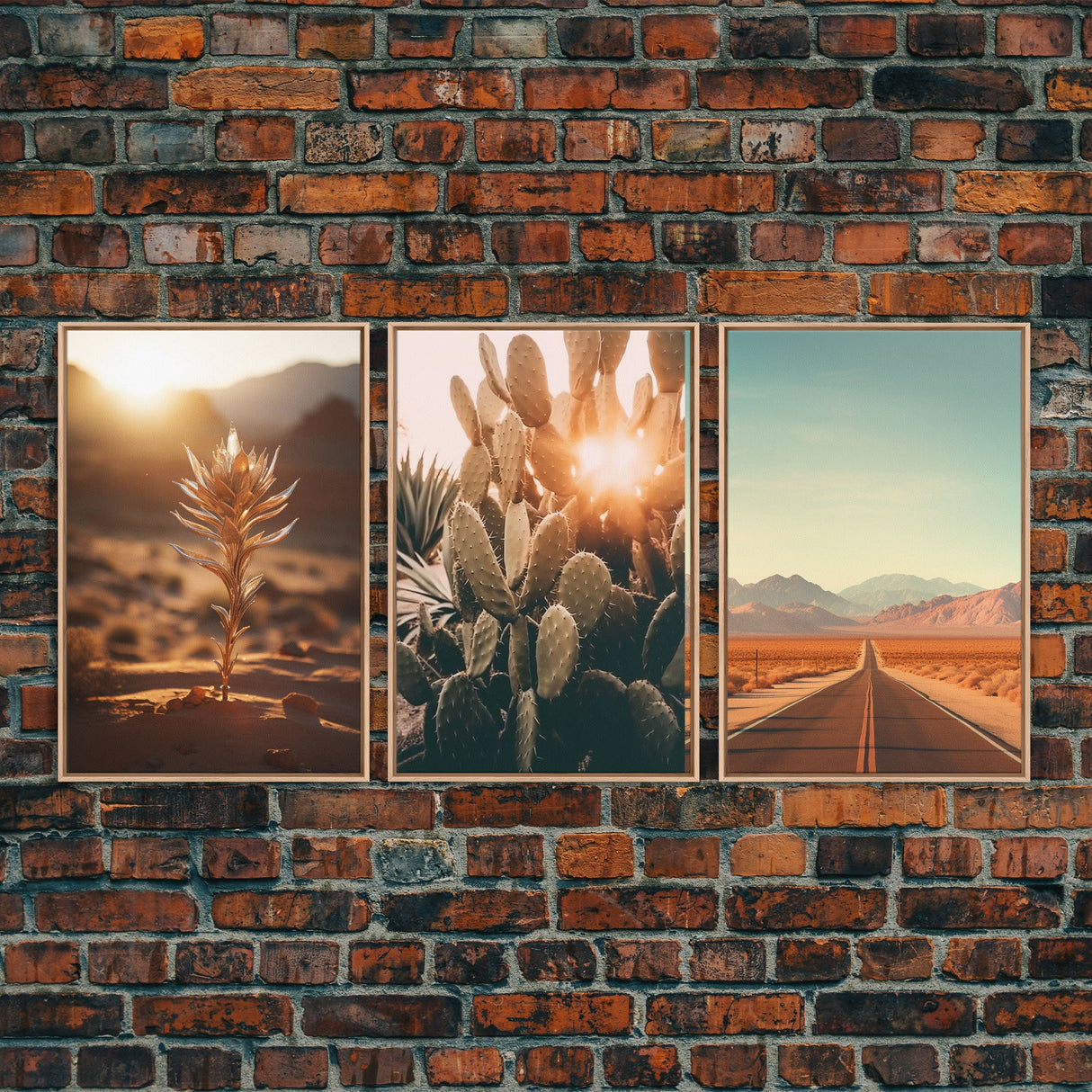 3 Piece Triptych Framed Canvas Wall Art Set of 3 Cactus Desert Landscape Arizona Road Photography Prints Minimalist Modern Art Western Decor