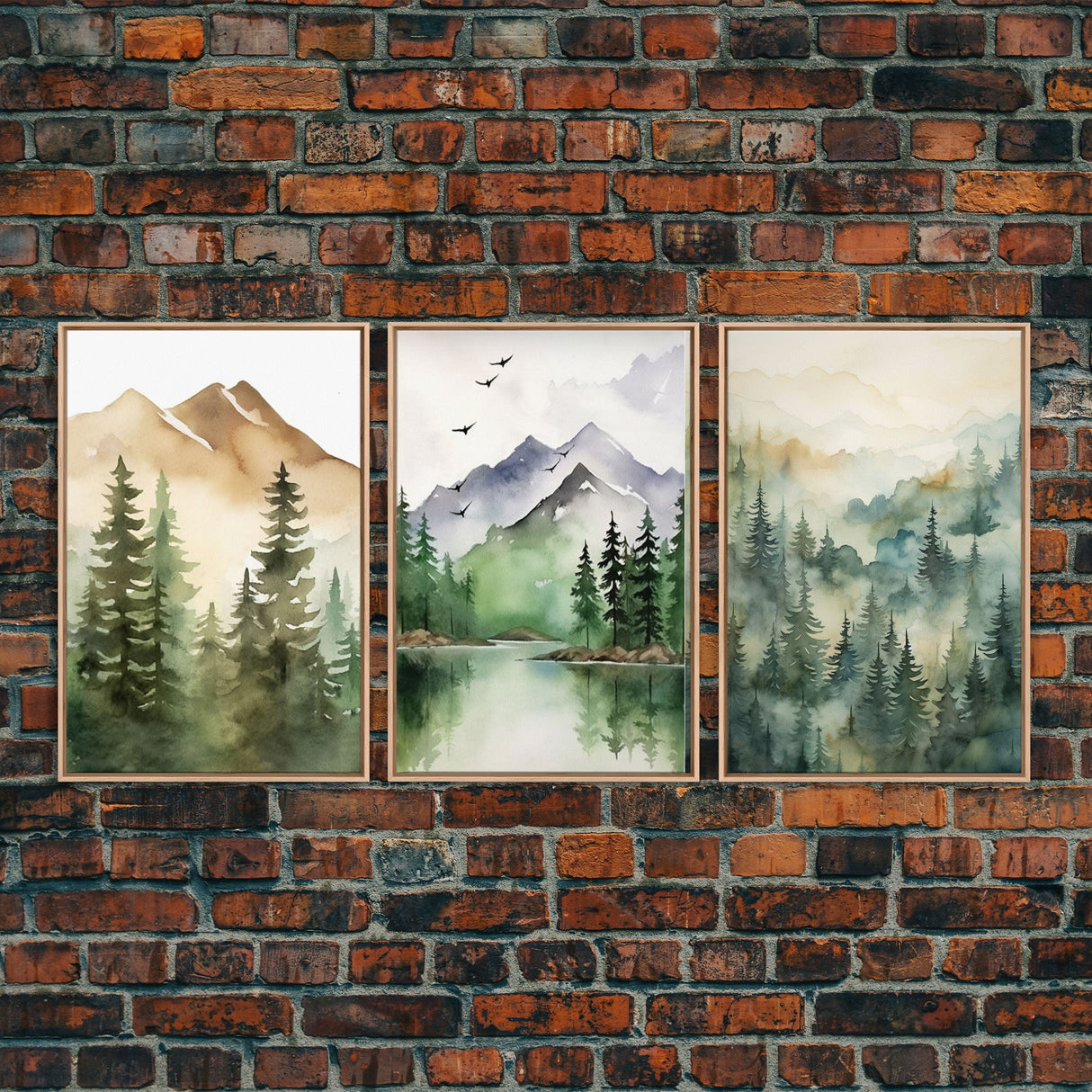 Triptych Framed Canvas Wall Art Set of 3 Green Forest Mountain Nature Landscape Prints Minimalist Modern Art, Woodland Nursery Decor