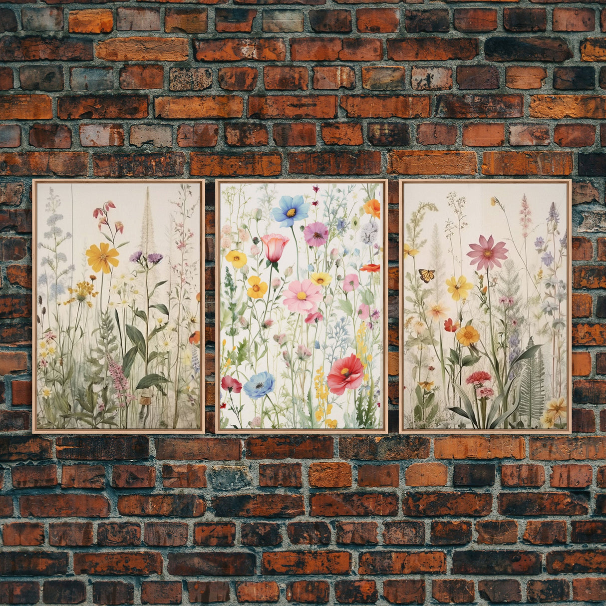 Minimalist Boho Farmhouse 3 Piece Wildflower Canvas Print, Framed Wall Art, Modern Rustic Decor, Living Room Art, Home Decor Wall Hanging