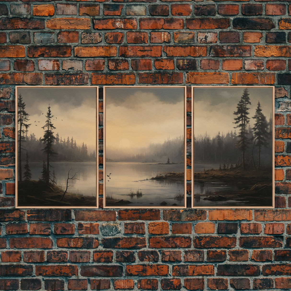 Moody 3 Piece Canvas Wall Art, Solumn PNW Lake At Sunset, Framed Canvas Print 3 Panel Set, Original Landscape Painting, Pacific Northwest