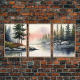 Framed Canvas Wall Art Set of 3 Pastel Mountain Range Lake Nature Landscape Prints Minimalist Modern Art Woodland Nursery Decor Office Art