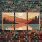 Framed Canvas Wall Art Set of 3 Sunset Forest Landscape Abstract Illustrations Prints Modern Art Minimalist Boho Wall Decor, 3 Piece Art