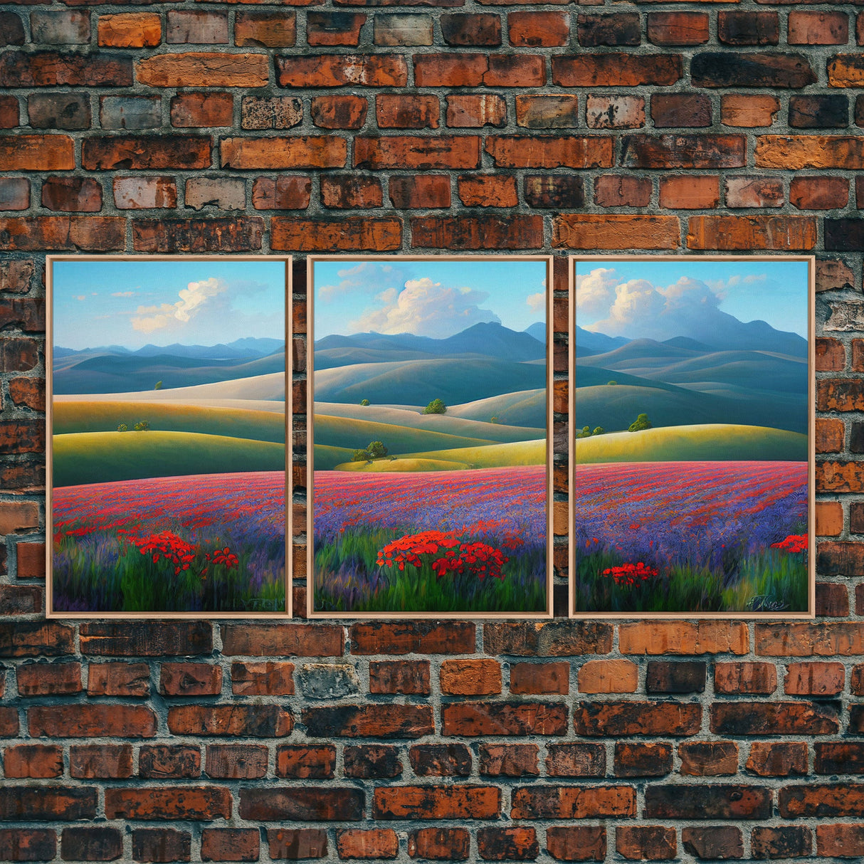 Colorful rolling hills, flower fields, landscape art,  3 piece wall art, 3 piece canvas, cool centerpiece living room wall art