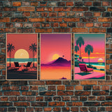 Outrun Style Midcentury Modern Wall Art, Framed Canvas Prints, Triptych Wall Art, 3 Panel Canvas Art, Retro Synthwave Beach Vibes Art