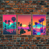 California Desert Art, Retro / Vaporwave / Synthwave 80s Vibes 3 Piece Canvas Prints, Game Room Art, Living Room / Bed Room Retro Decor