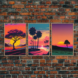 Triptych 3 panel Wall Art, Framed Canvas Prints, Synthwave Landscape Decor, MCM 80s Vibes Retro Style 3 Piece Art