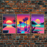 Retro 80s Style Art, 3 Panel Framed Canvas Prints, Canvas Wall Art, Synthwave / Vaporwave Aesthetic Retro Style Wall Art