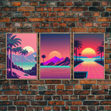 Retro 80s Style Art, 3 Panel Framed Canvas Prints, Canvas Wall Art, Synthwave / Vaporwave Aesthetic Retro Style Wall Art, Pink Wall Decor