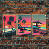 MCM Style Retro Wall Decor, Framed Canvas Prints, Triptych 3 Panel Wall Art, Retrowave Beach Art, Minimalist Boho Vaporwave Architecture Art