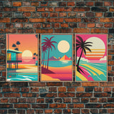 Midcentury / At Deco / Vaporwave mashup, Palm Trees & Beach Art, Framed Canvas Prints, 3 Panel Triptych Art, 80s Vibes