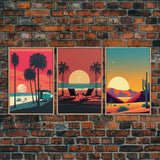 Beach Vibes - Midcentury / Art Deco / 80 Vibes Mash up - Framed Canvas Prints - Turquoise Sky and Palme Trees - 3 Panel Art, Triptych Prints