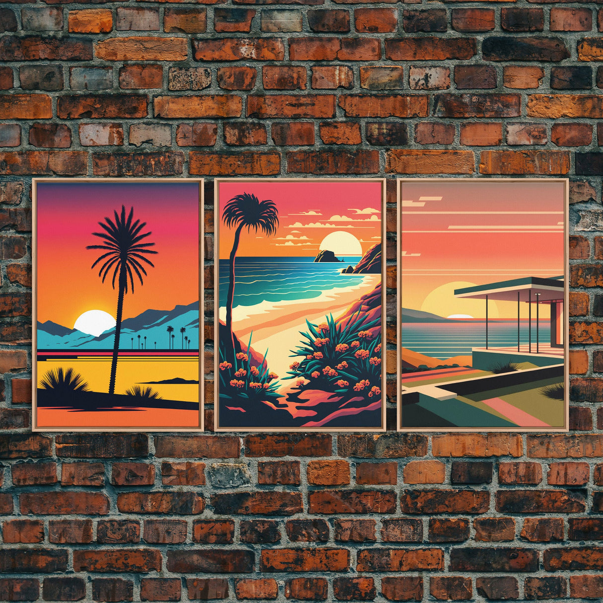 Desert Art, California Themed Wall Art, Framed Canvas Prints, 3 Piece Wall Art, 3 Panel Triptych Art, Retro Style, Orange Hues Art