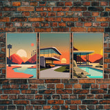 Midcentury Modern Architecture Art, Framed Canvas Prints, Retro Style Retrowave Art, 3 Panel Canvas, 3 Piece Art Set, Sunset Art