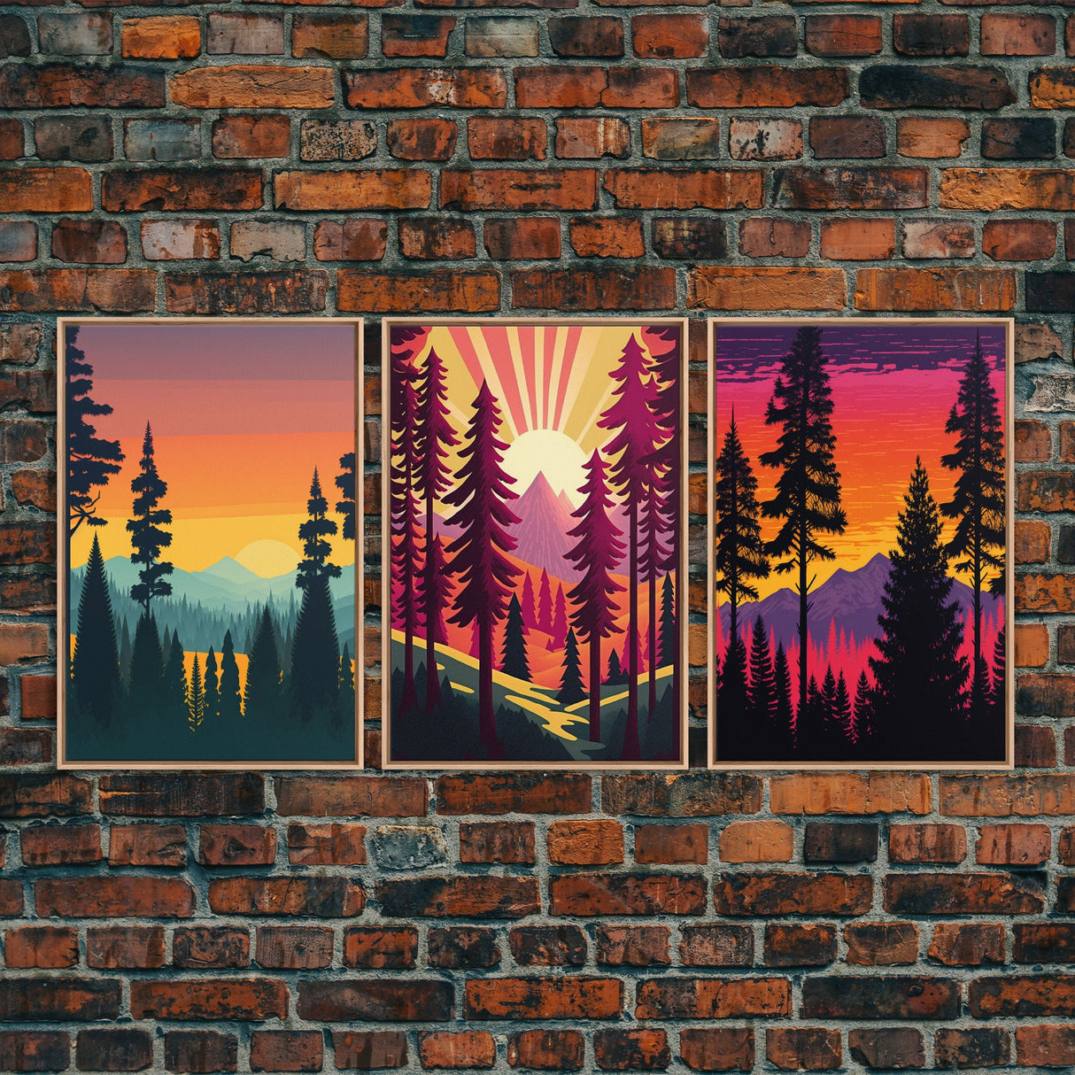 3 Piece Framed Canvas Wall Art Retro Forest Nature Scenery Minimalist Canvas Print Modern Home Artwork Decoration for Living Room