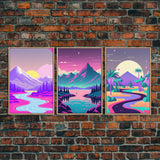 Vaporwave Aesthetic Mountain Landscape Prints, Framed Canvas Art, 3 Panel Art Set, 3 Piece Art, Retro Feel Minimalist Abstract Art