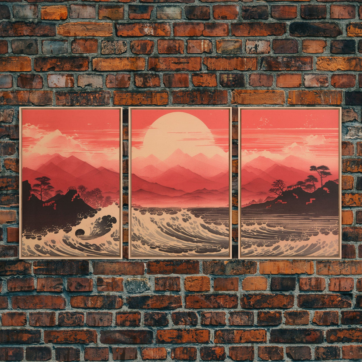 Ocean Wall Art, Ocean Waves, Mountains Print, Sunset Print, Canvas Print, Wall Art, 3 Piece Wall Art, Retro Wall Decor, Seascape Wall Art