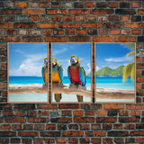 Parrot Wall Art, Tropical Wall Art, Beach Art Print, Seascape Print, Canvas Print, Wall Art, 3 Piece Wall Art, Apartment Wall Decor