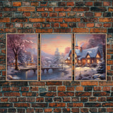 3 Piece Winter Scene, Framed Canvas Prints, Triptych Christmas Painting, Christmas Decor, Winter Art, Christmas Wall art, Xmas Art