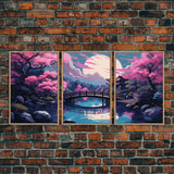 Synthwave Japanese Style Art, Framed Canvas Print, 3 Piece Triptych Set, Retro 80s Style Wall Art, Above Sofa Decor, Cool Wall Art