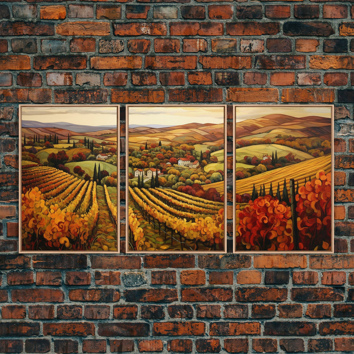 Italian Vineyard Framed Canvas Prints, Minimalist Fall Decor, Fall Centerpiece Art, Autumn Centerpiece, 3 Piece Art, Large Wall Art