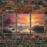 3 Piece Art Set, Seascape Painting Canvas Print, Beach House Decor, Sunset Painting, Original Painting, Boho Style Living Room Art