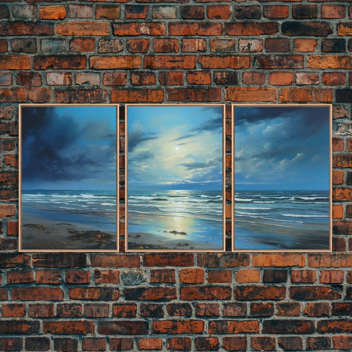 Night Time Beach Art, Framed Canvas Prints, Triptych 3 Panel Wall Art, Tropical Decor, Centerpiece Art