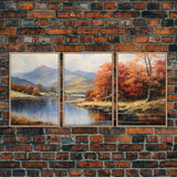 Fall Centerpiece Decor, Framed Canvas Prints, Autumn Landscape Paintings, 3 Piece Art, Triptych